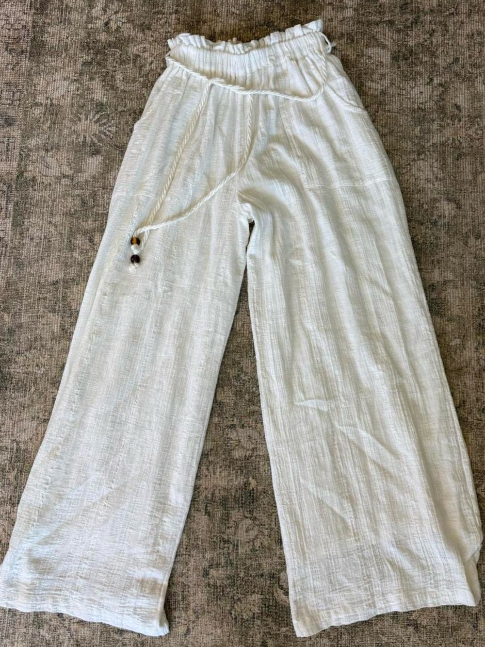 Tularosa White Flowy Wide-Leg Pants Tie Waist Cotton Boho Beach Summer Small